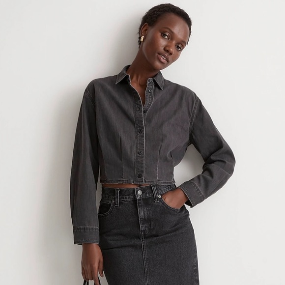 NWT Madewell Denim Pleated Cropped Button-Up Shirt, Lunar Wash, Sz S Small - Picture 2 of 5